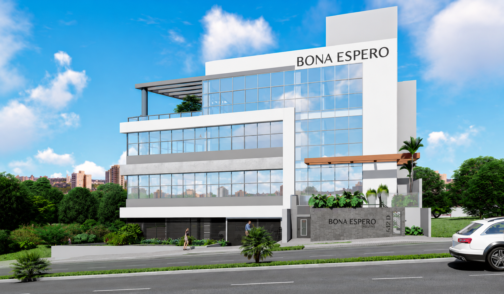 Fachada do Bona Espero Executivo em perspectiva de rua, com letreiro visível